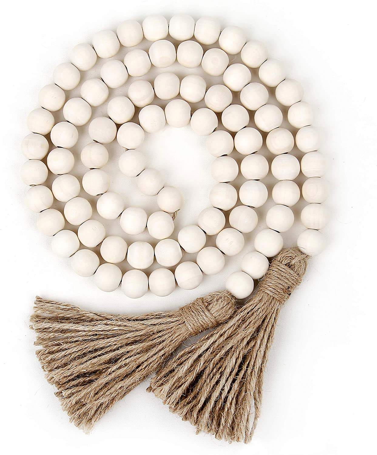 White Wood Bead Garland With Tassels