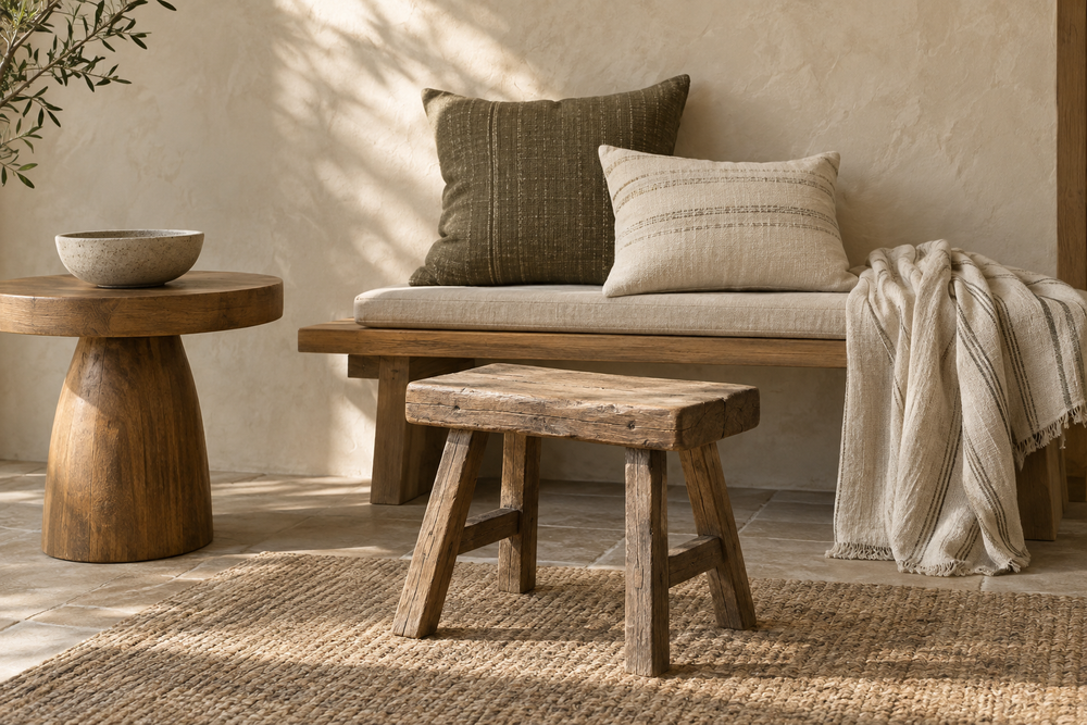 Wooden accent furniture with linen cushions and a striped throw
