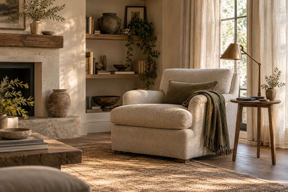 Comfortable reading corner with an armchair, lamp and side table