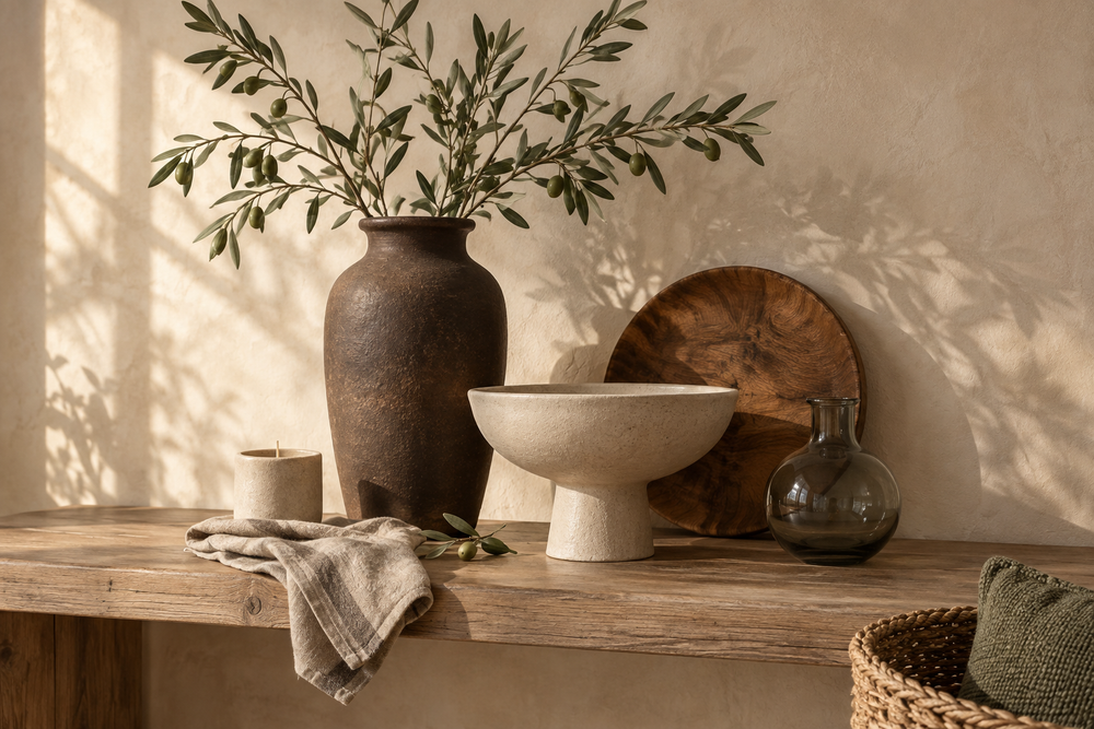 Pottery, glass, wooden serveware and linen styled with olive branches