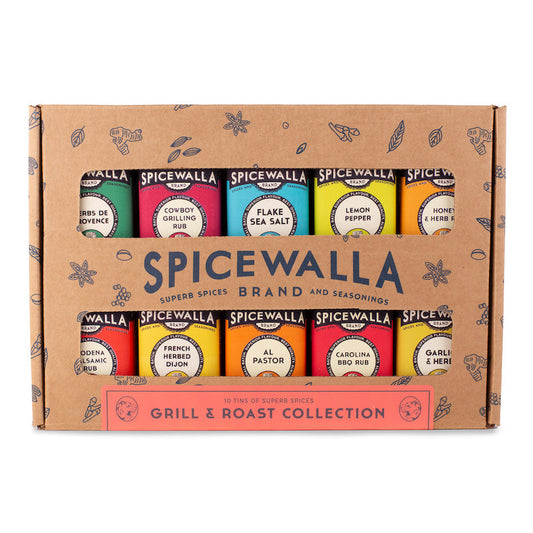 Spicewalla Grill and Roast collection box with ten seasoning tins in two rows