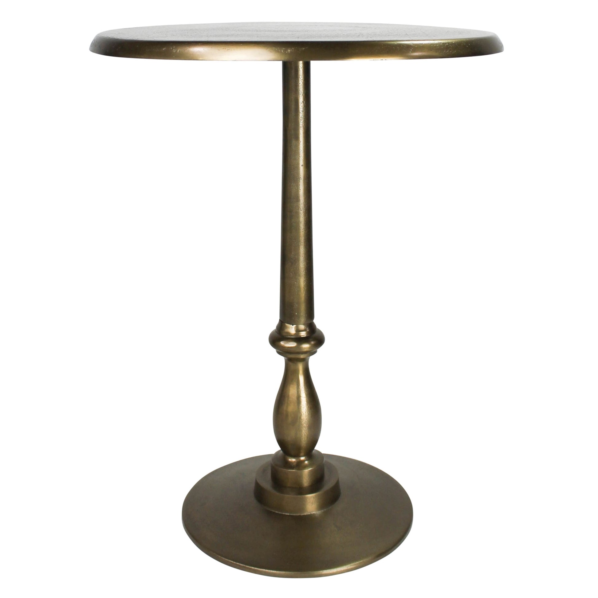 Slim brass side table with round top and tapered legs