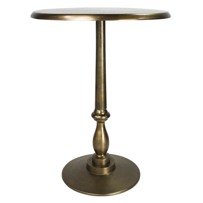 Slim brass side table with round top and tapered legs