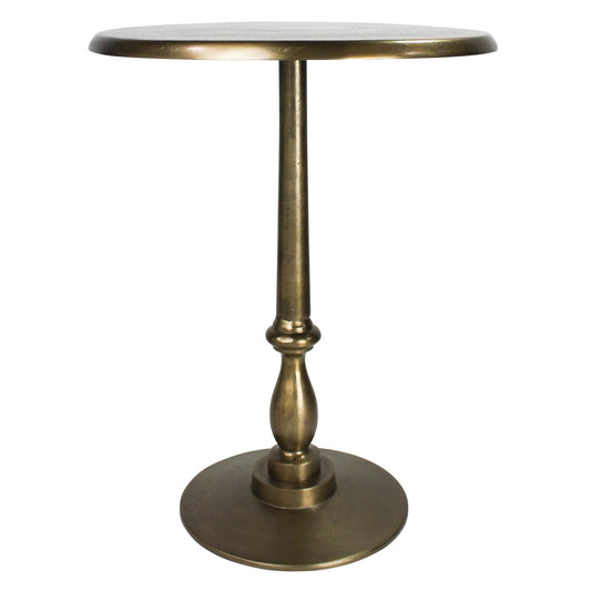 Slim brass side table with round top and tapered legs