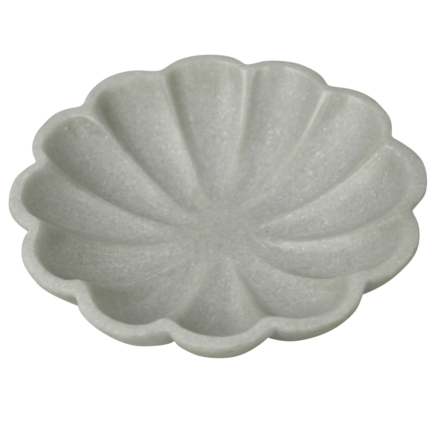 Shallow scalloped marble bowl with soft grey veining