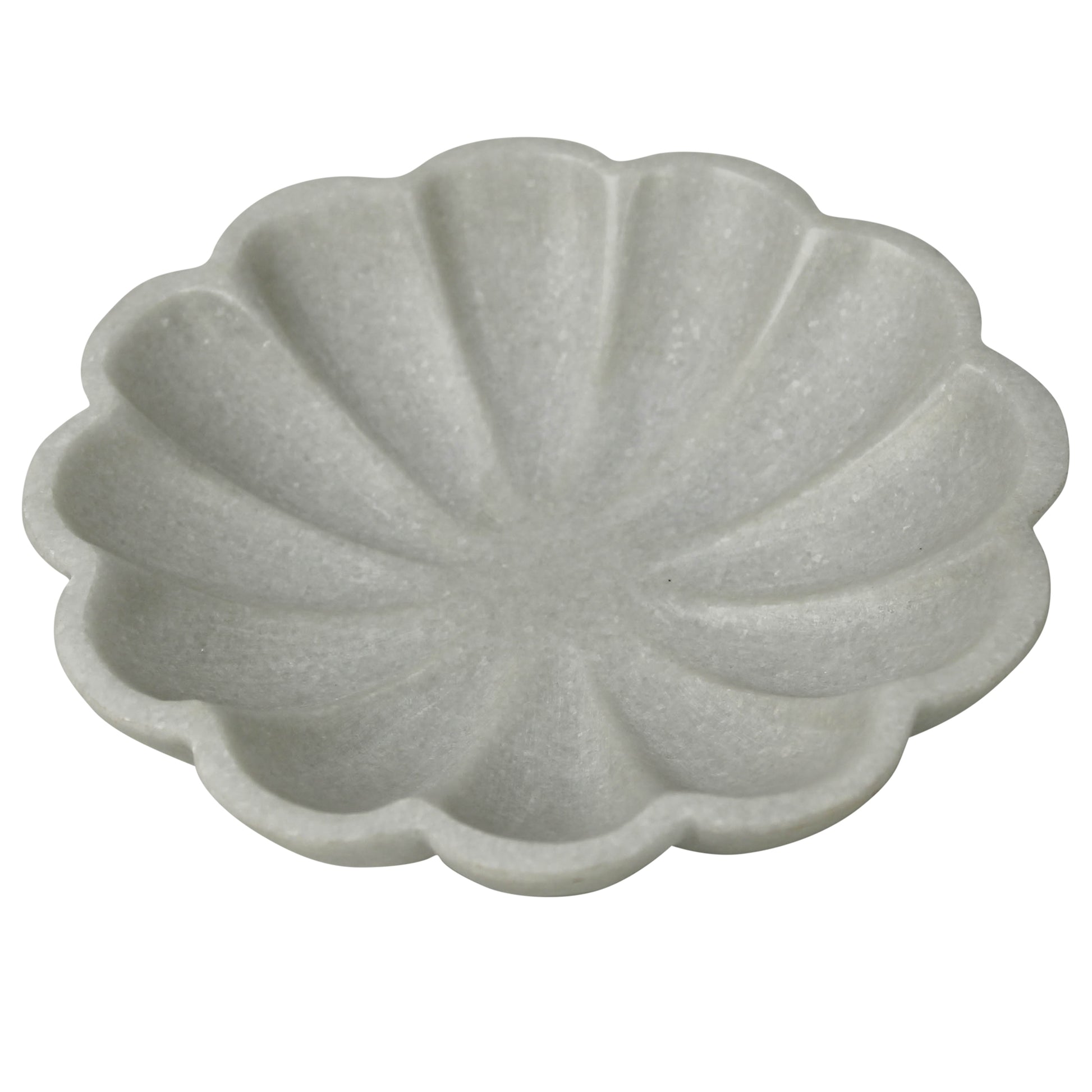 Shallow scalloped marble bowl with soft grey veining