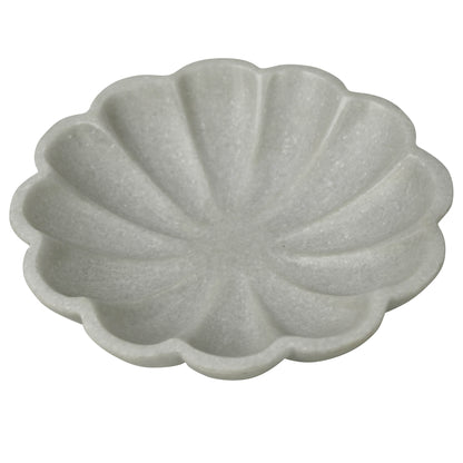 Shallow scalloped marble bowl with soft grey veining