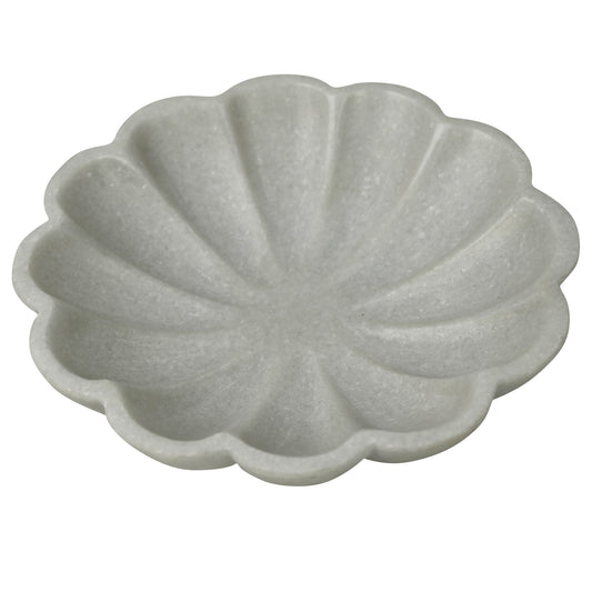 Shallow scalloped marble bowl with soft grey veining