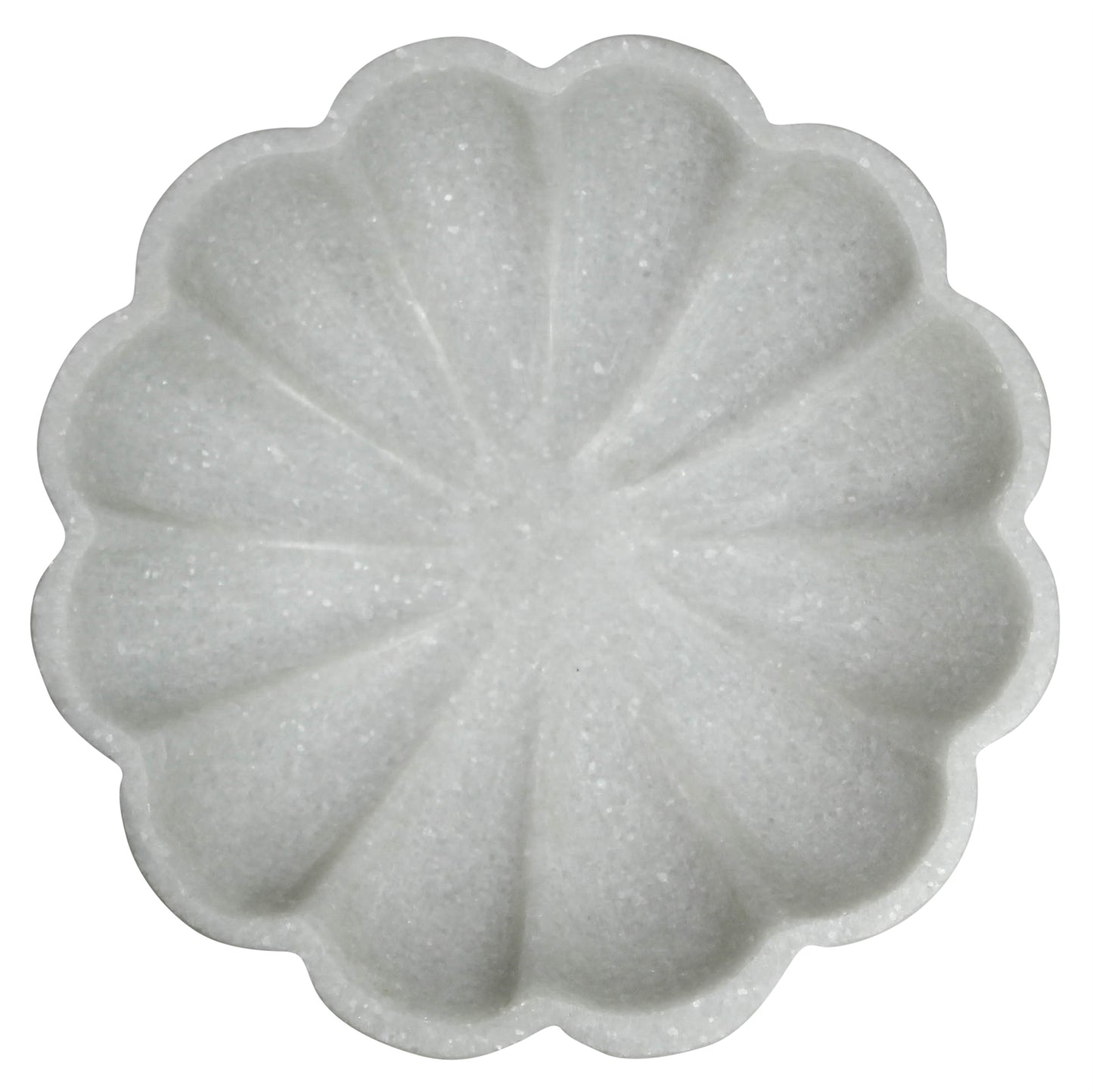 Shallow scalloped marble bowl with soft grey veining