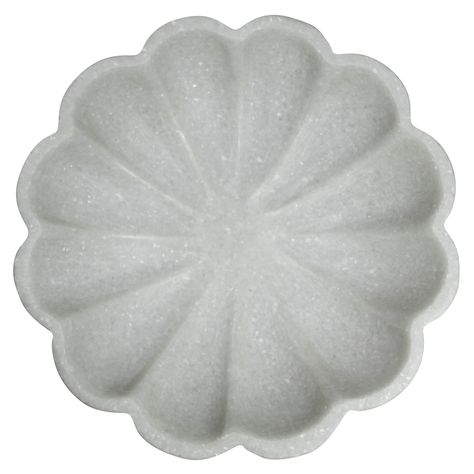 Shallow scalloped marble bowl with soft grey veining