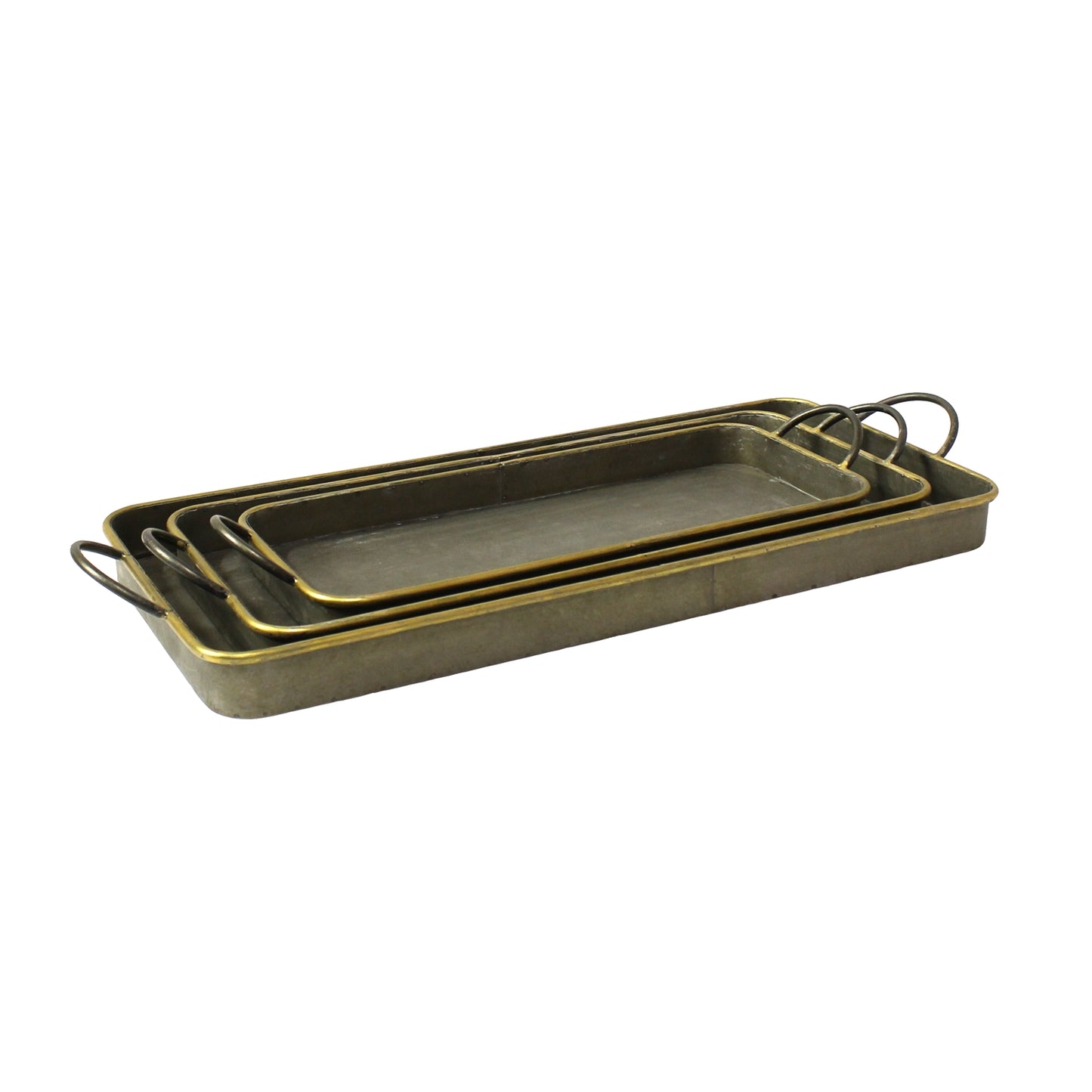 Three long galvanized grey trays with thin brass rims, nested