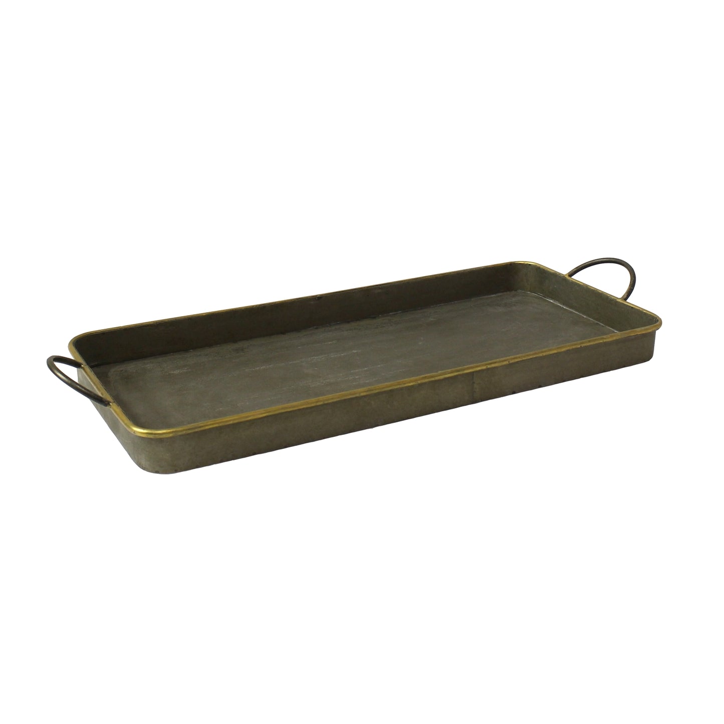 Three long galvanized grey trays with thin brass rims, nested