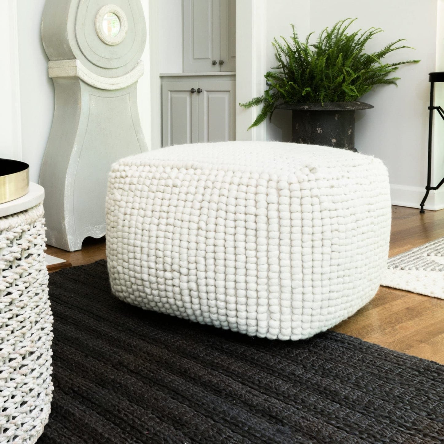 Creative Co-Op Square Wool Beige Pouf