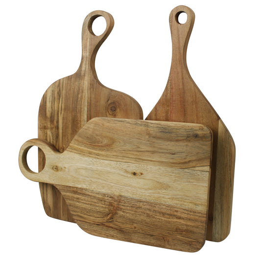 Three acacia wood cutting boards in assorted shapes with hanging cutouts