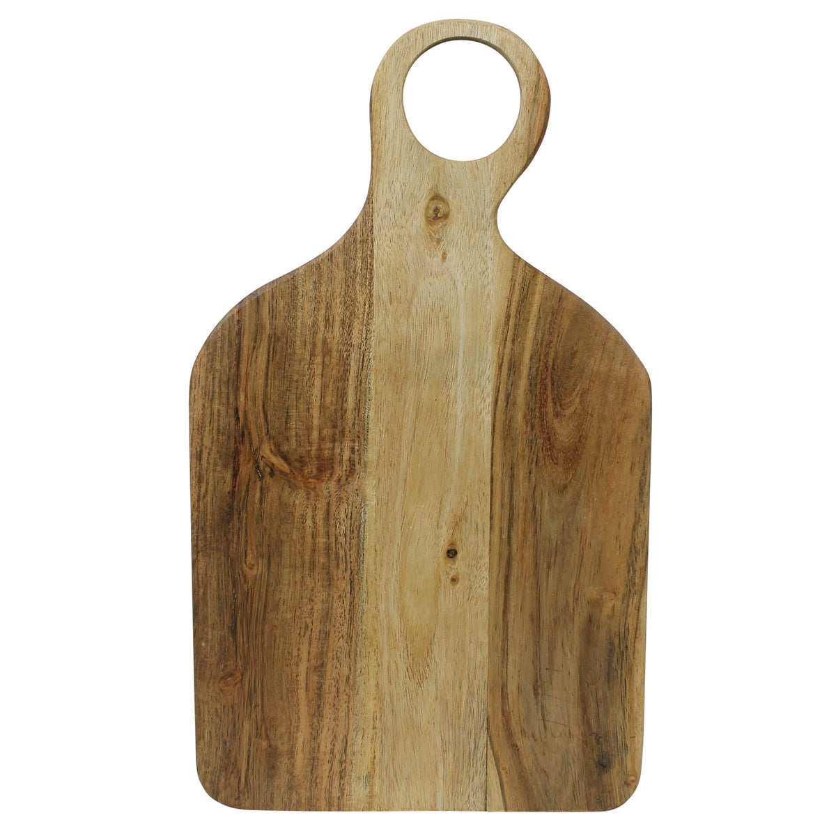 Three acacia wood cutting boards in assorted shapes with hanging cutouts
