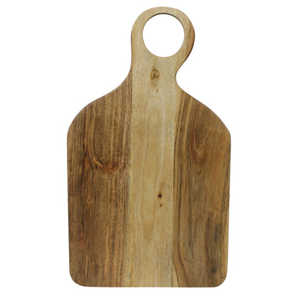 Three acacia wood cutting boards in assorted shapes with hanging cutouts