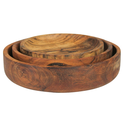 Three nesting acacia wood serving bowls in graduated sizes