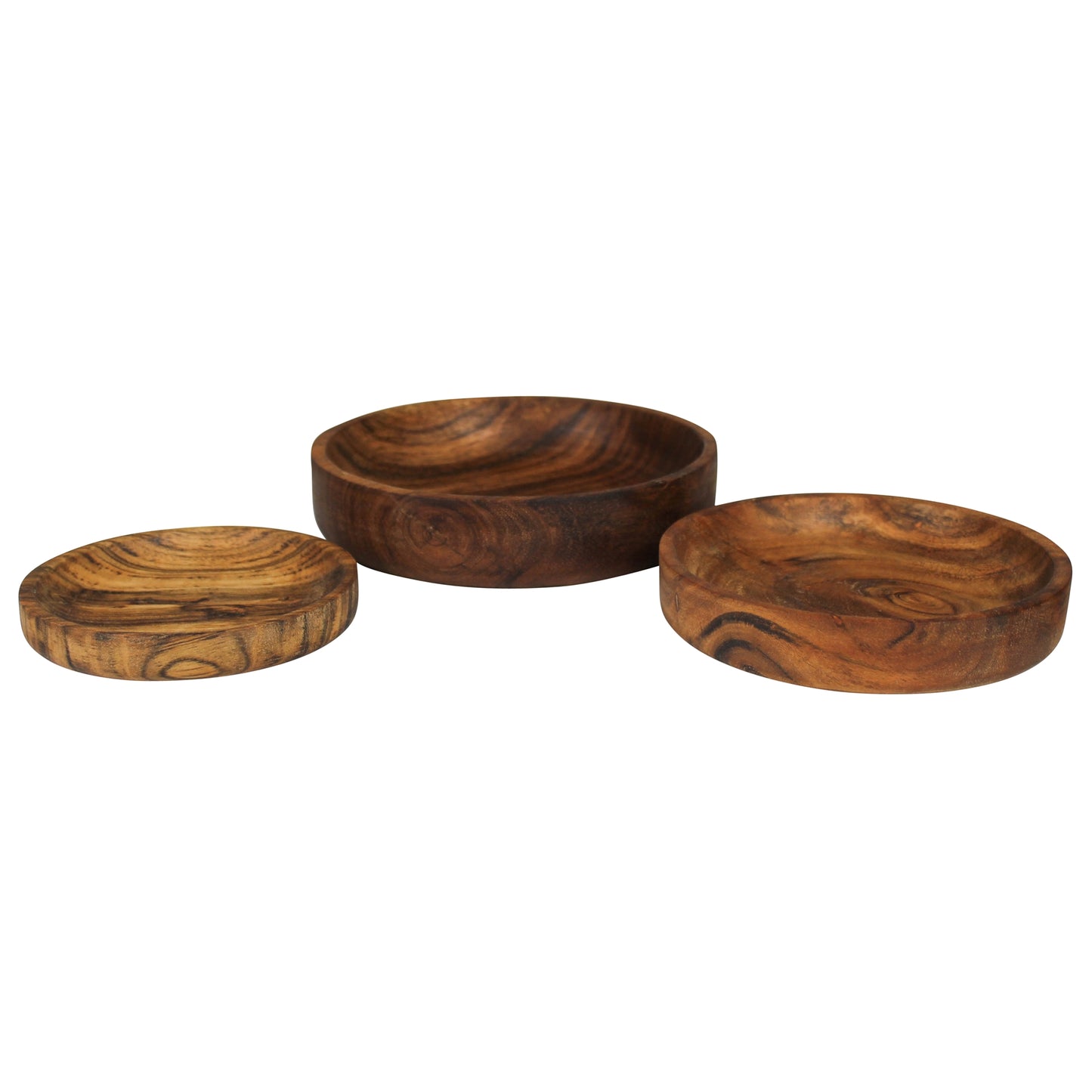 Three nesting acacia wood serving bowls in graduated sizes