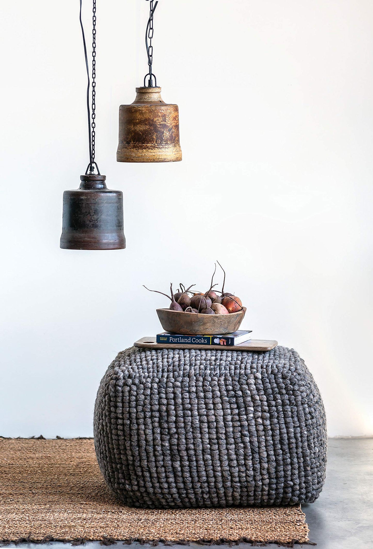 Creative Co-Op Square Wool Beige Pouf