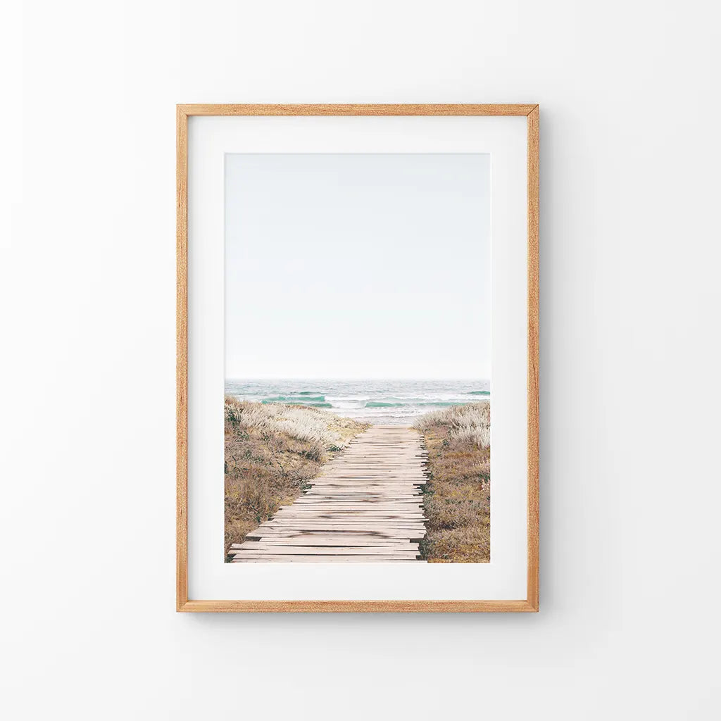 Beach pathway print in a thin wood frame with mat — boardwalk through dunes to the sea
