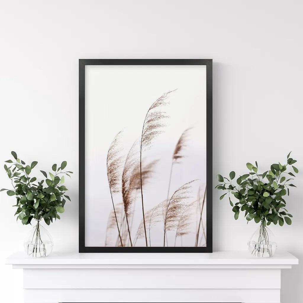 Beige dried grass print in a slim black frame
