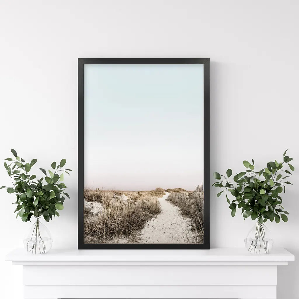 Sand path through dune grass print in a slim black frame
