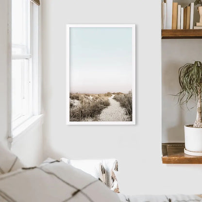 Sand path through dune grass print in a white frame
