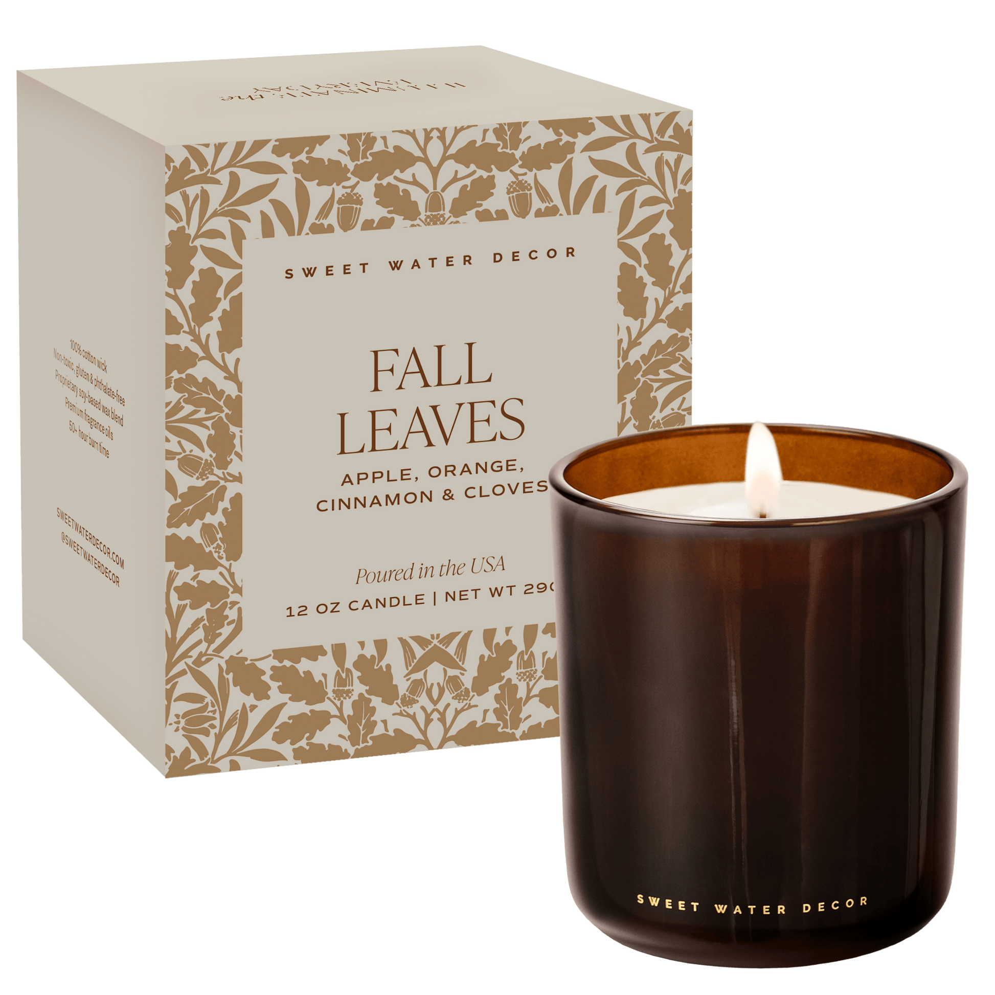 Fall Leaves candle shown with its gift box