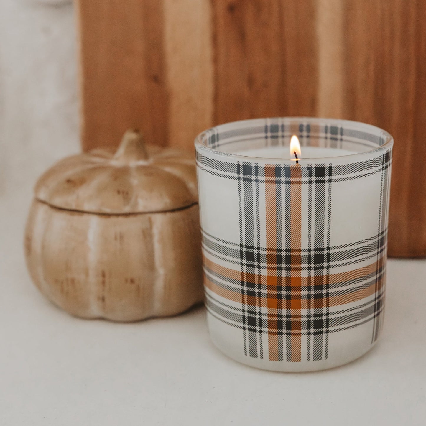 Hello Fall candle styled with cider spices
