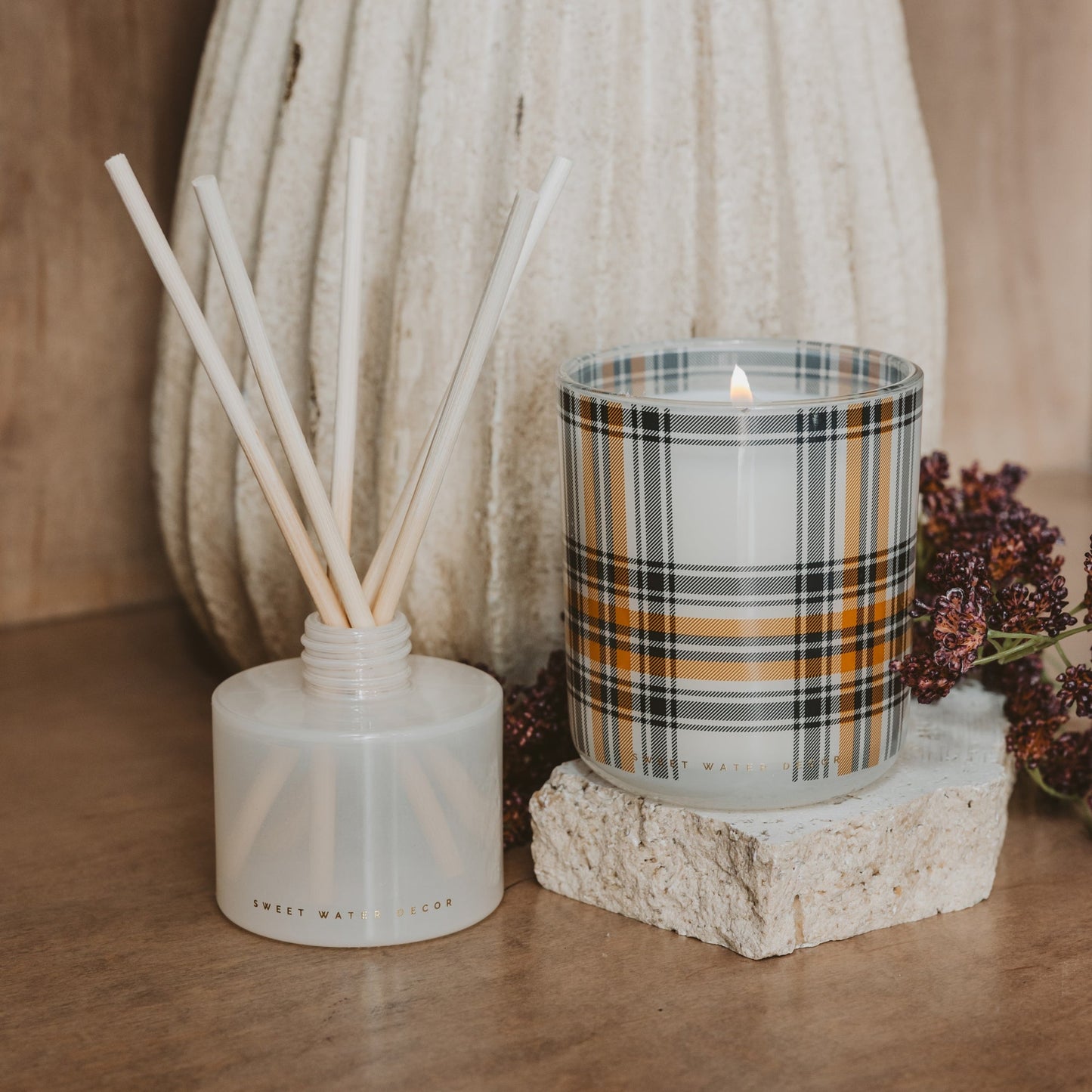 Hello Fall candle in an autumn vignette