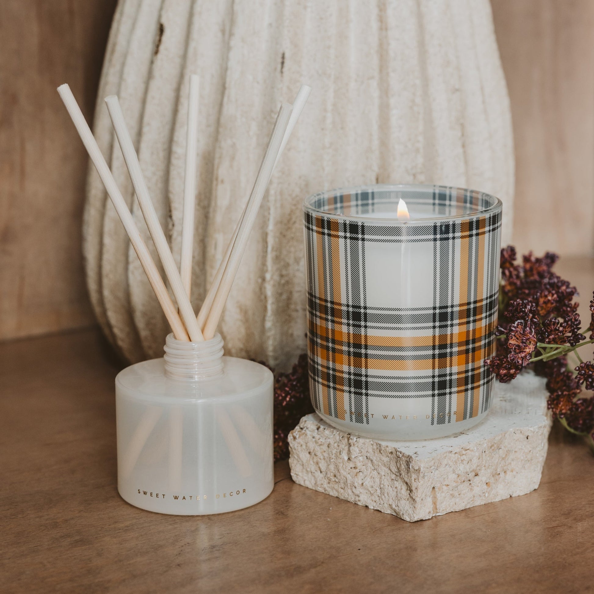 Hello Fall candle in an autumn vignette