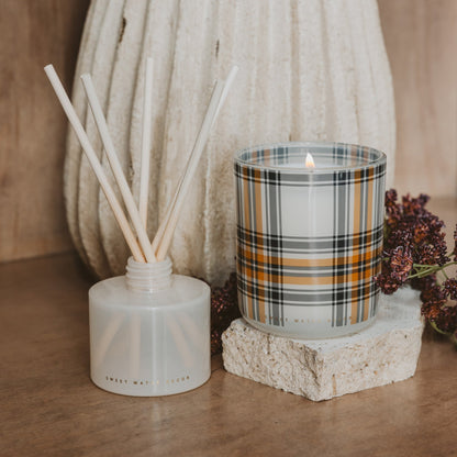 Hello Fall candle in an autumn vignette