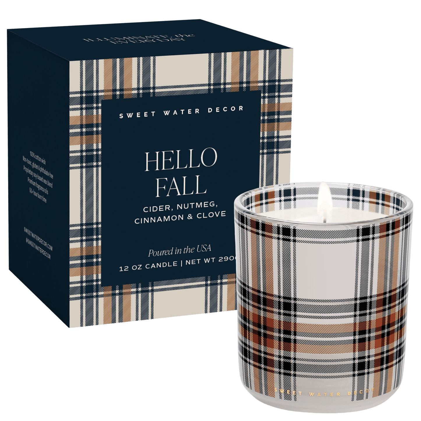 Full view of the Hello Fall plaid candle