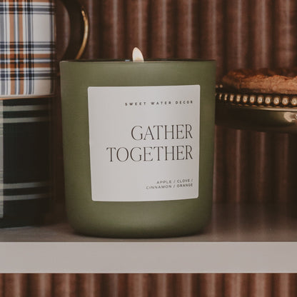 Gather Together candle styled with Thanksgiving decor