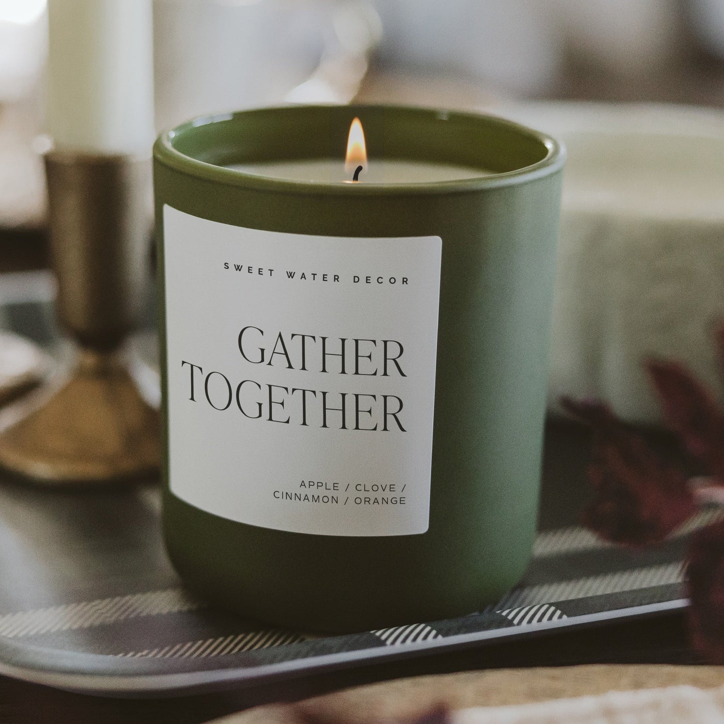 Gather Together candle on a holiday dinner table