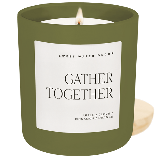 Lit Gather Together soy candle in a matte olive green jar