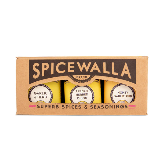 Spicewalla Garlic Lover's box with garlic herb, French herbed Dijon and honey garlic tins