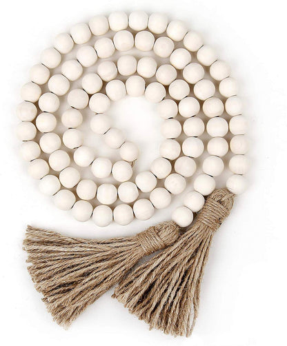 White Wood Bead Garland With Tassels