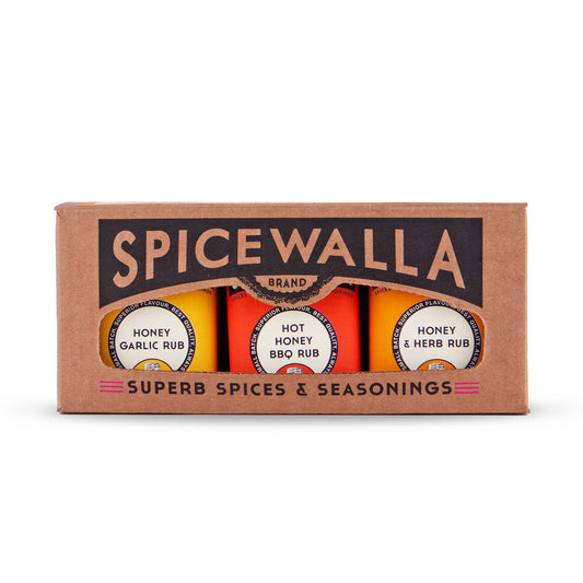 Spicewalla Honey Collection box with honey garlic, hot honey BBQ and honey herb rub tins