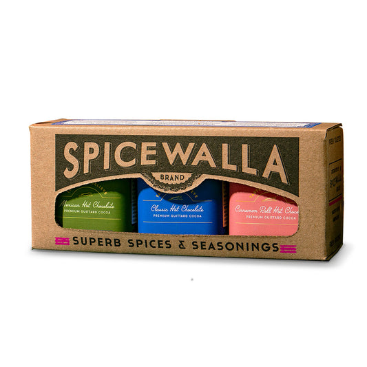 Spicewalla Haute Chocolate trio box with green, blue and pink cocoa tins