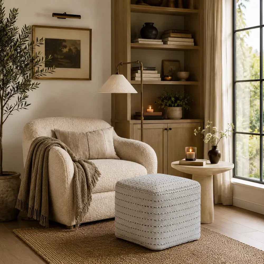 Square Striped Woven Ottoman Pouf