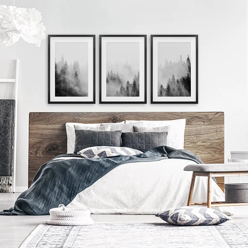 Three foggy forest prints in black frames with wide mats