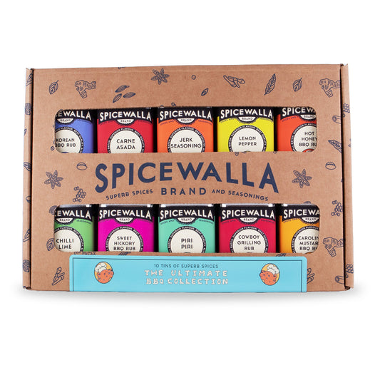 Spicewalla Ultimate BBQ collection box with ten colorful rub tins