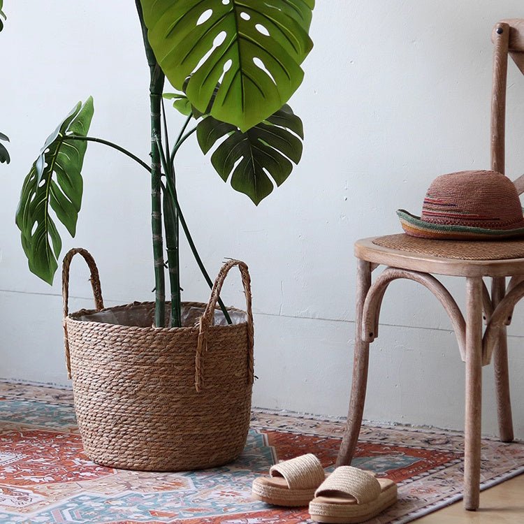 Seagrass planter basket holding a monstera beside a bentwood chair