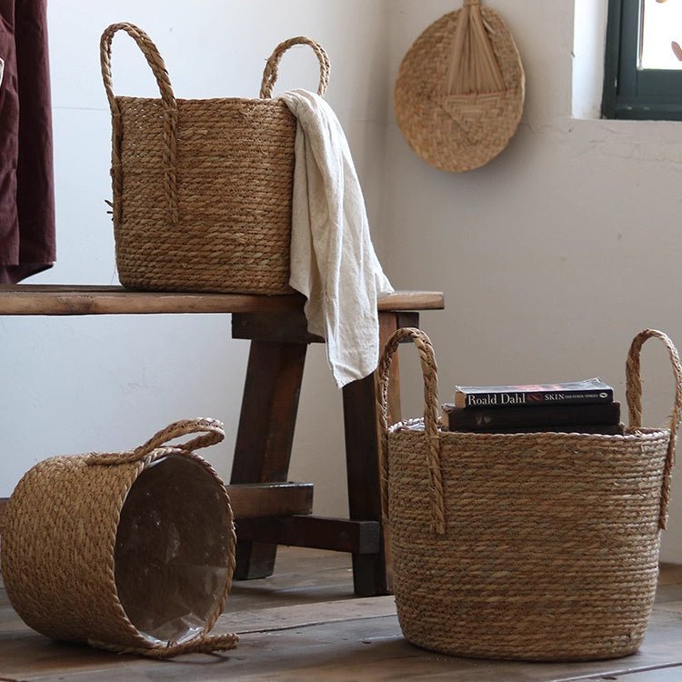 Handwoven seagrass basket with rope handles, alternate view