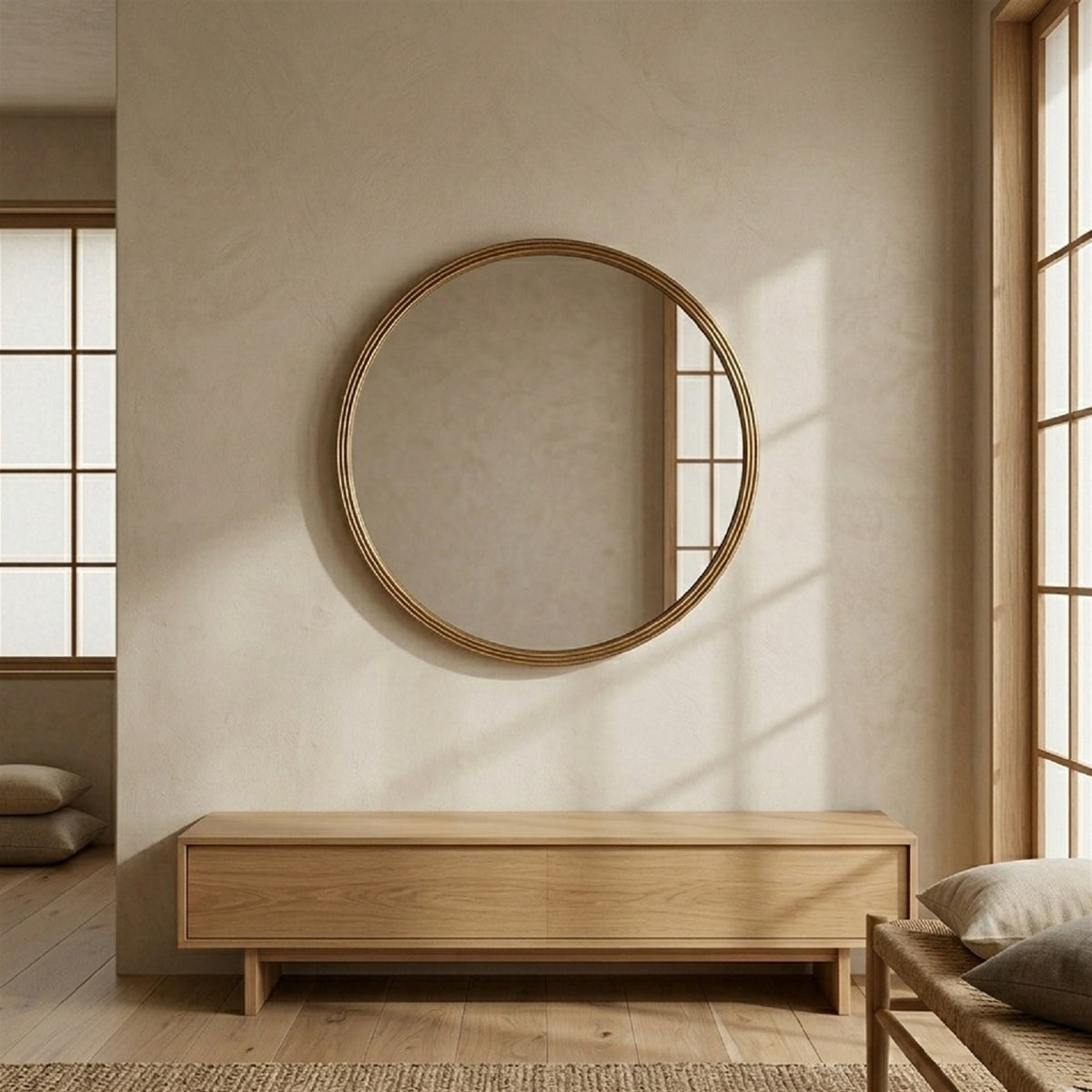 Round Cast Aluminum Mirror by BIDKhome — in a room