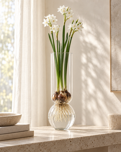 Bulb Forcing Vase — Extra Tall with white paperwhites on a stone console