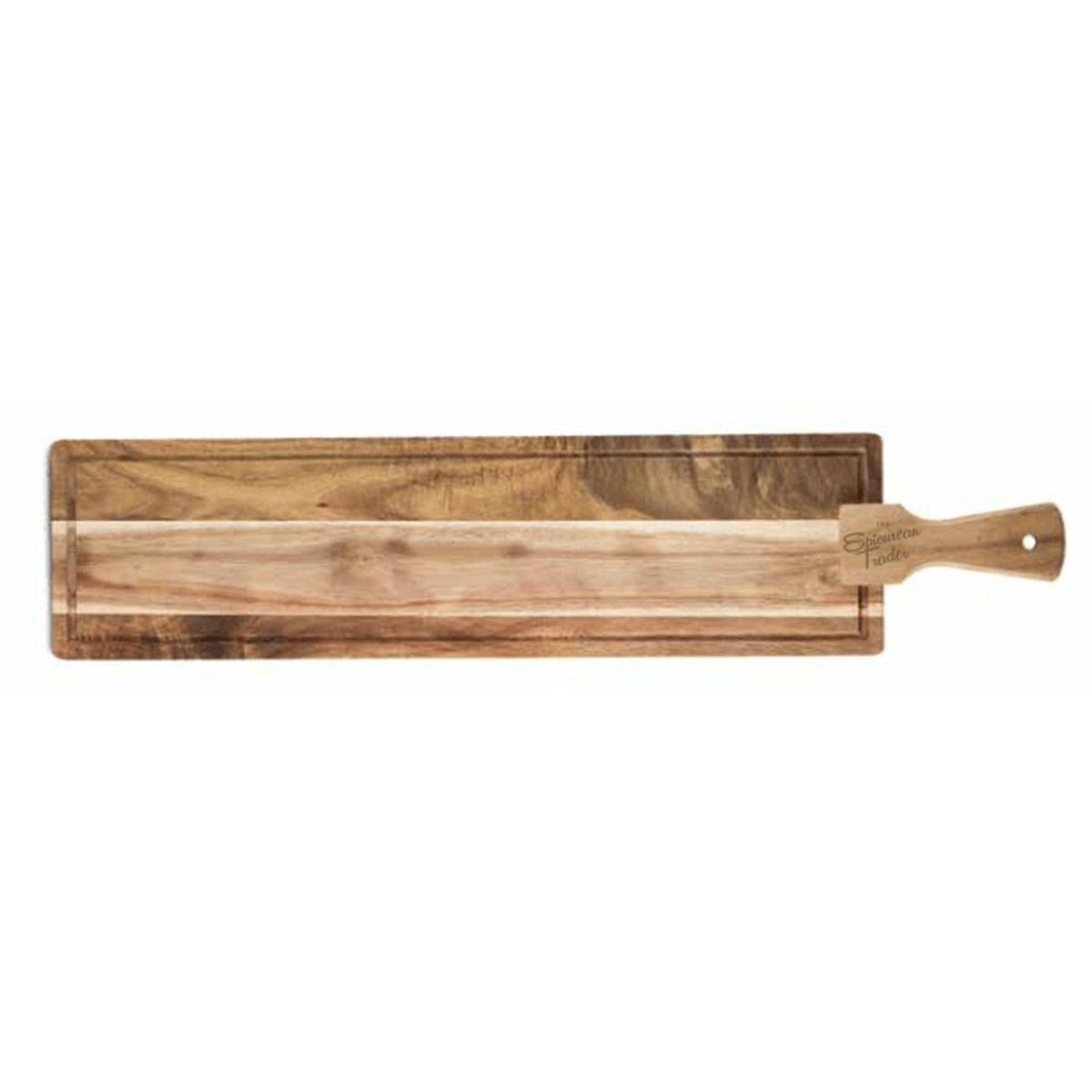 Acacia Wood Tapas Board — long stained acacia serving board with tapered handle