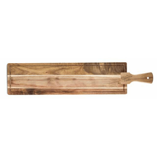 Acacia Wood Tapas Board — long stained acacia serving board with tapered handle