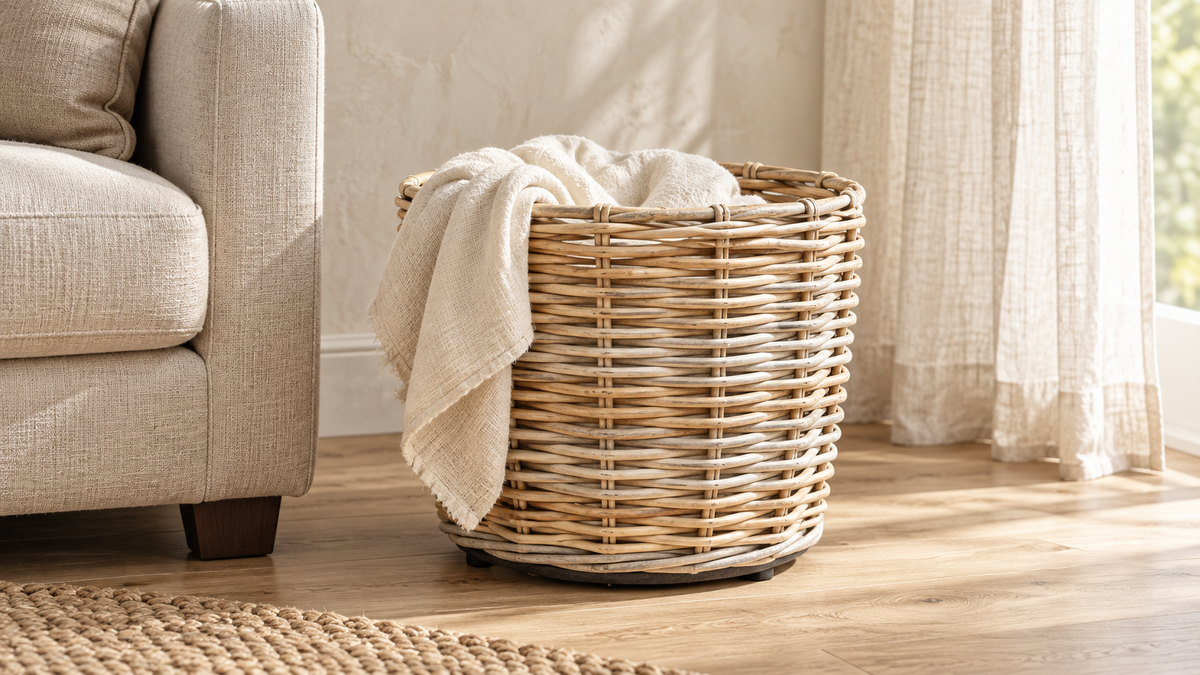 Round natural rattan basket holding a cream throw beside a linen sofa